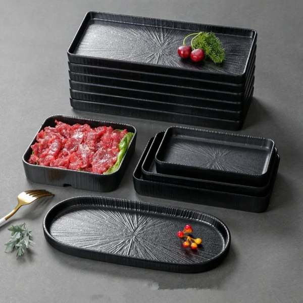 Melamine Black Dinner Plate Thickened Sushi Pans Imitation Porcelain Barbecue Dishes Home Food Serving Tray Household Tableware - Image 2