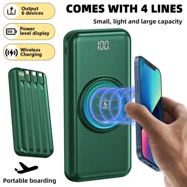 20000mAh Wireless Power Bank Fast Charging Built-in Quad Power Cable Mobile Phone Charger For Iphone 13 14 15 Xiaomi Samsung - Image 2