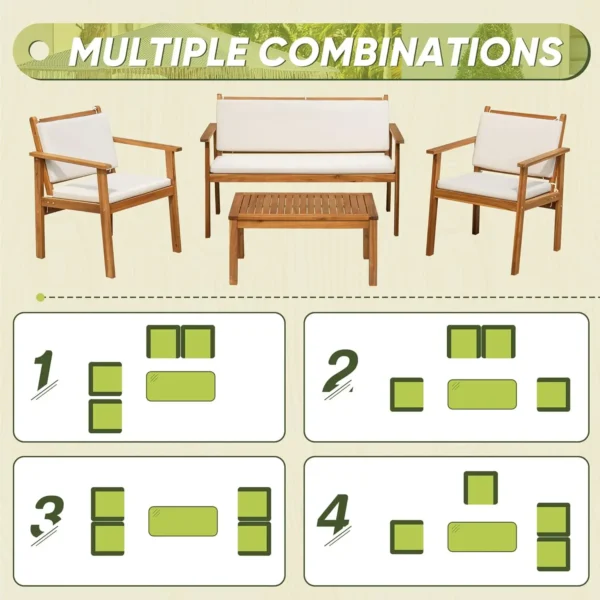 Flamaker Patio Furniture 4 Piece Outdoor Acacia Wood Patio Conversation Sofa Set with Table & Cushions Porch Furniture for Deck, - Image 5