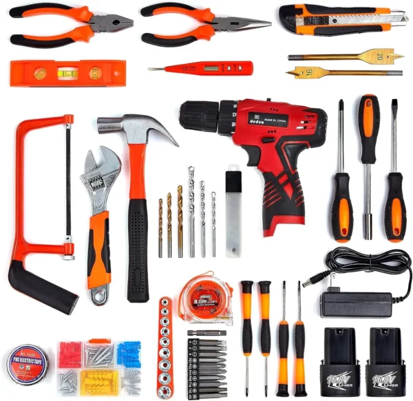 Tool Set with Drill, 108Pcs Cordless Drill Household Power Tools Set with 16.8V Lithium Driver Claw Hammer Wrenches Pliers DIY A - Image 2