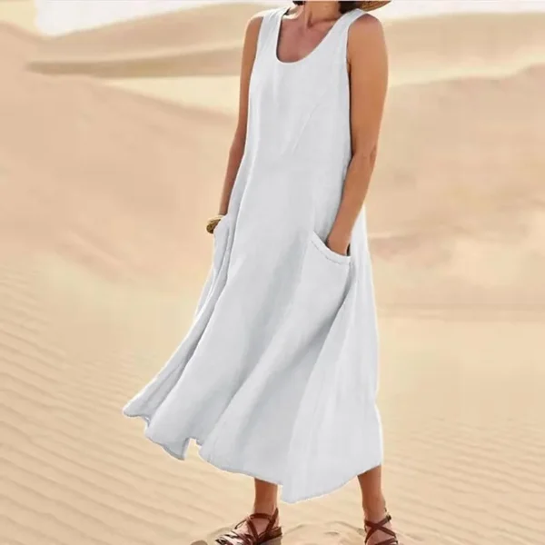 Women Coton Linen Sundress Summer Female Sleeveless Double Big Pocket Loose Sand Beachwear Long Dress Oversized S-5XL LRFZ-818 - Image 3