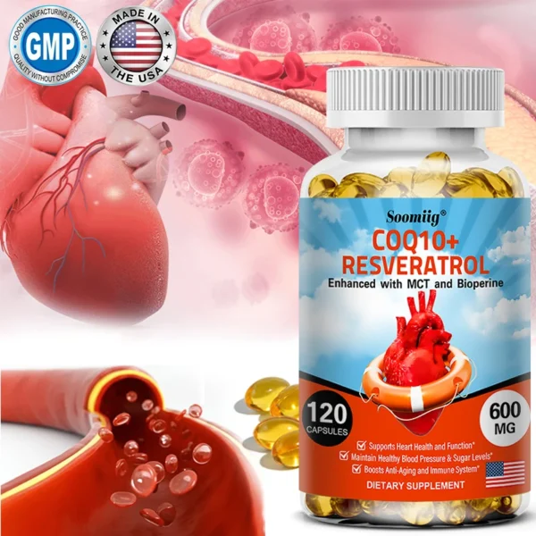 120 CoQ10 + Resveratrol Capsules Supplement to Support Energy, Vitamins, Heart Health and Blood Pressure Levels - Image 4