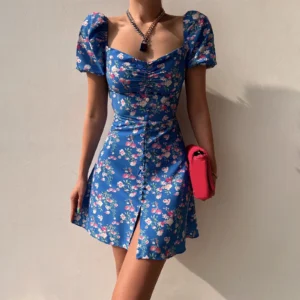 Female Dresses Women'S Skirt V Neck Fashionable Bubble Sleeve Floral Shorts Dress Party Dresses With Printing Vestidos Femenino