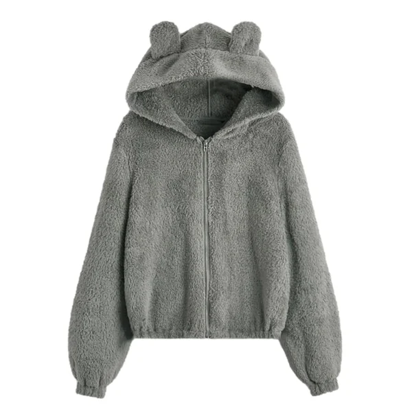 Cute Bear Ear Plush Warm Solid Casual Hoodie Female Pocket Creative Sweatshirts All-Match Street Clothes Womens Fleece Pullovers - Image 3