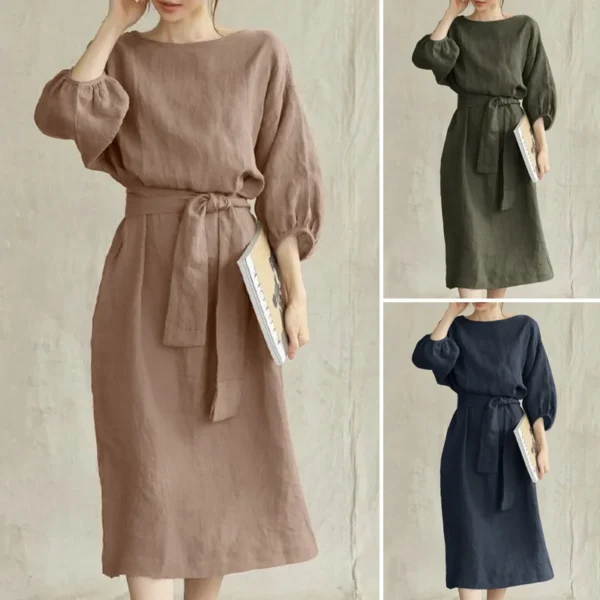 autumn Dress Women 2024 New Cotton Linen Solid Lace Up Casual Oversize O Neck Chic Long Sleeve Midi Dresses for Women with Belt - Image 2
