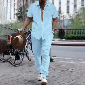 Mens Shirt Casual Short Sleeve Cardigan Blouse Top Pants Beach Suit Summer Two Piece Set Fashion Clothing For Man Ropa Hombre