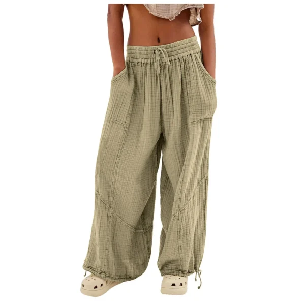Beach Linen Pants Women Wide Leg Harem Pant High Waist Button Drawstring Palazzo Loose plus Size Pant with Pocket - Image 14
