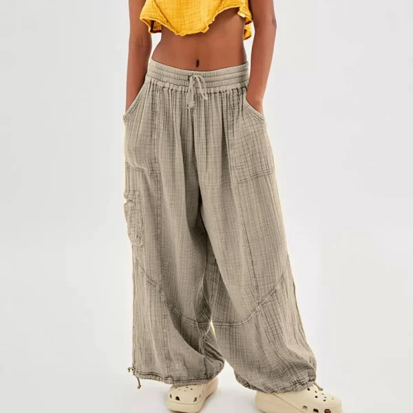 Beach Linen Pants Women Wide Leg Harem Pant High Waist Button Drawstring Palazzo Loose plus Size Pant with Pocket - Image 6