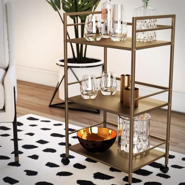 Small Bar Cart for the Home, 3 Tier Rolling Cart With Wheels, Kitchen Cart with Storage for Beverages and Wine, Gold - Image 3