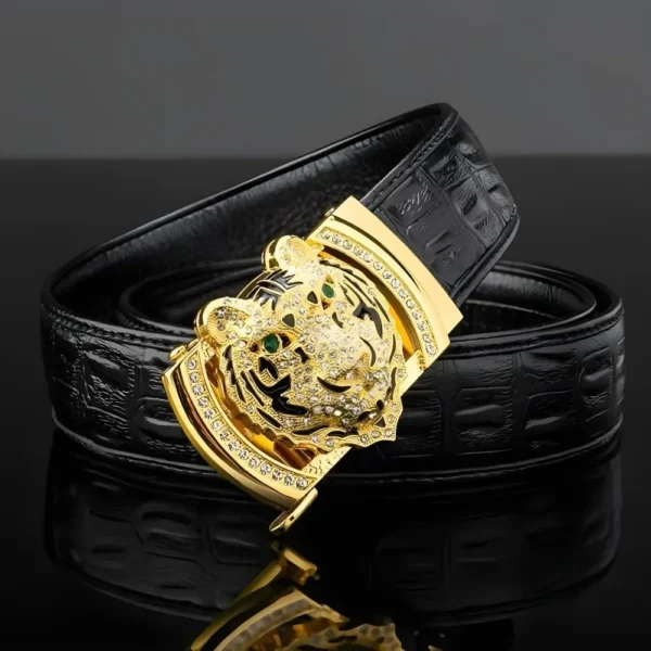 men's belt Gold Tiger Head automatic buckle alloy, leather men's belt, slide for easier adjustment belt, cut to fit - Image 2
