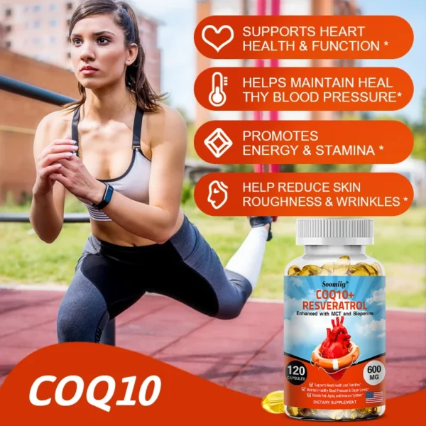 120 CoQ10 + Resveratrol Capsules Supplement to Support Energy, Vitamins, Heart Health and Blood Pressure Levels - Image 2