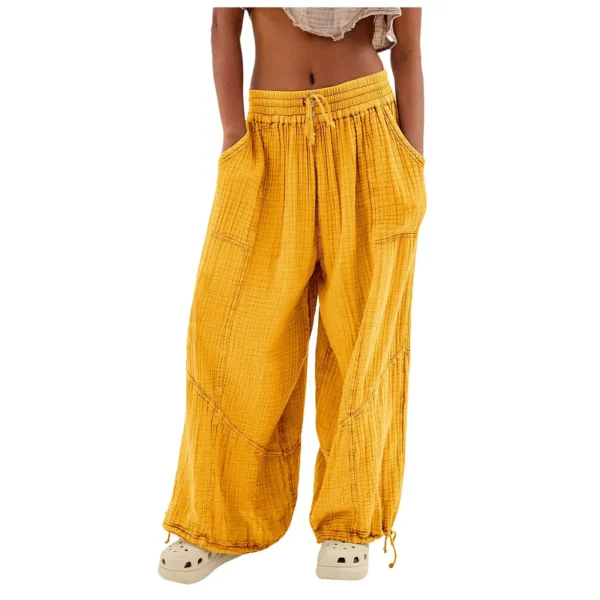 Beach Linen Pants Women Wide Leg Harem Pant High Waist Button Drawstring Palazzo Loose plus Size Pant with Pocket - Image 15