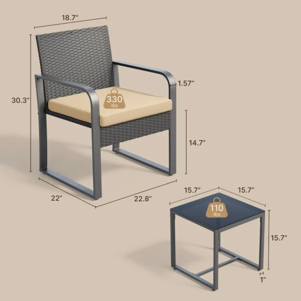 3-Piece Patio Chairs Set with Glass Coffee Table, Outdoor Rattan Furniture Set for Garden, Porch, Bistro, Yard, GrayCushion - Image 5