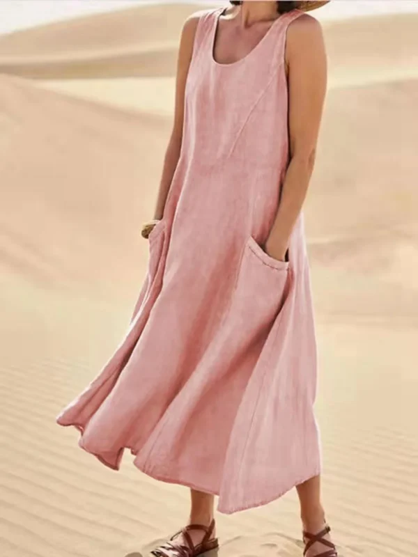 Women Coton Linen Sundress Summer Female Sleeveless Double Big Pocket Loose Sand Beachwear Long Dress Oversized S-5XL LRFZ-818 - Image 16