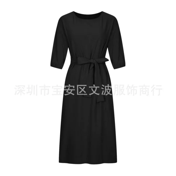 autumn Dress Women 2024 New Cotton Linen Solid Lace Up Casual Oversize O Neck Chic Long Sleeve Midi Dresses for Women with Belt - Image 17