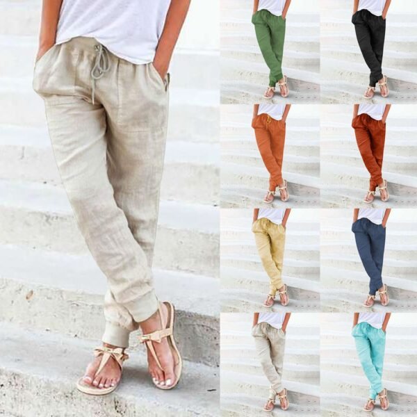Tops Cotton Linen Drawstring Y2k Cargo Pants Women Streetwear Elastic Waist Pants Casual Trousers With Pockets Straight Trousers - Image 7