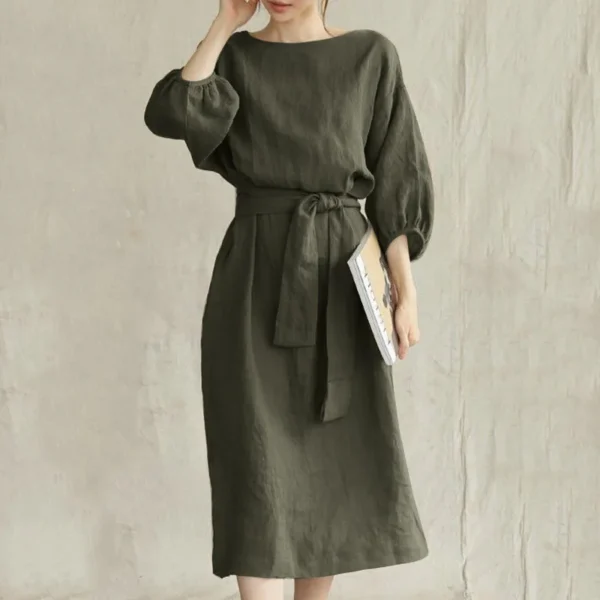 autumn Dress Women 2024 New Cotton Linen Solid Lace Up Casual Oversize O Neck Chic Long Sleeve Midi Dresses for Women with Belt - Image 6