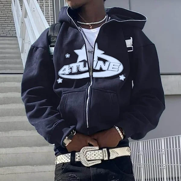 Zip Up Hoodies Y2k Cardigan New In Sweatshirts Warmth 4tune Letter Print Sweatshirts Trend Casual Hip Hop Hooded Mens Clothing - Image 2