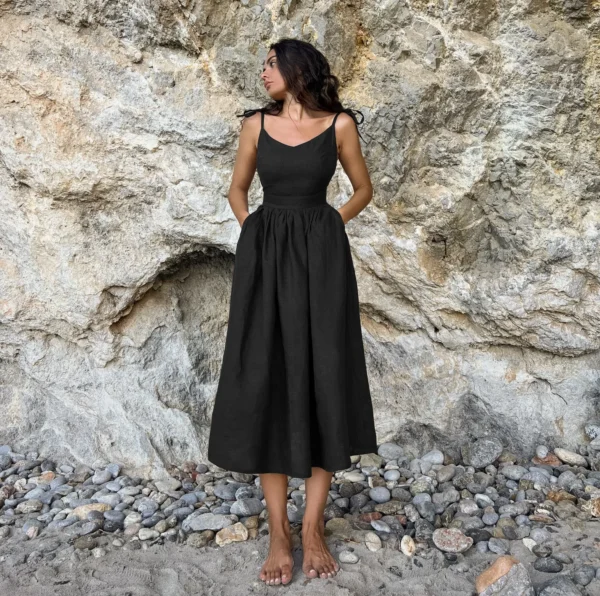 DSMTRC Women 2024 Elegant Lace-Up Pockets A-Line Dresses Summer Sexy Backless Party Pleated Dress Fashion Brown Linen Long Dress - Image 17