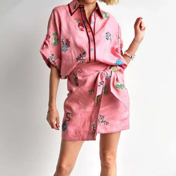 Linen Printing Shirt Pink Dress Temperament Versatile Multi Style Summer Women's Clothing Comfort Two Piece Set Mid Length Skirt - Image 2