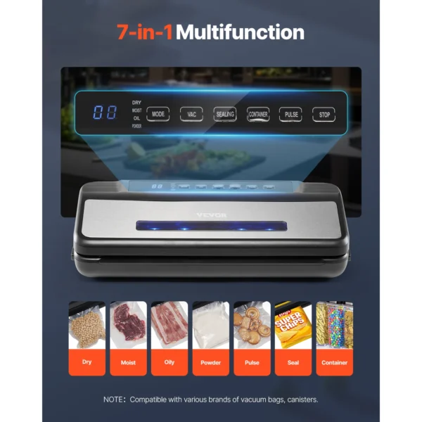 VEVOR 80Kpa 120W Electric Vacuum Sealer Machine 7-in-1 Dry/Wet Food Sealer with Built-in Cutter Knife for Kitchen Food Storage - Image 3