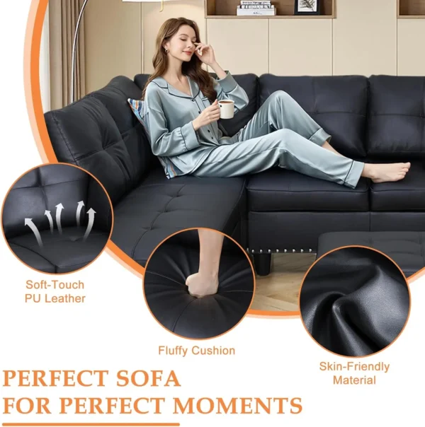 Sectional Sofa Couch, Modern 4-Seaters Living Room Furniture Sets with Chaise Lounge, Ottoman & 2 Pillows | L Shape Couch - Image 3