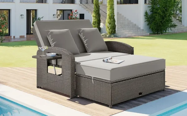 TOPMAX PE Wicker Rattan Double Chaise Lounge, 2-Person Reclining Daybed with Adjustable Back and Cushions, Free Furniture Protec - Image 4