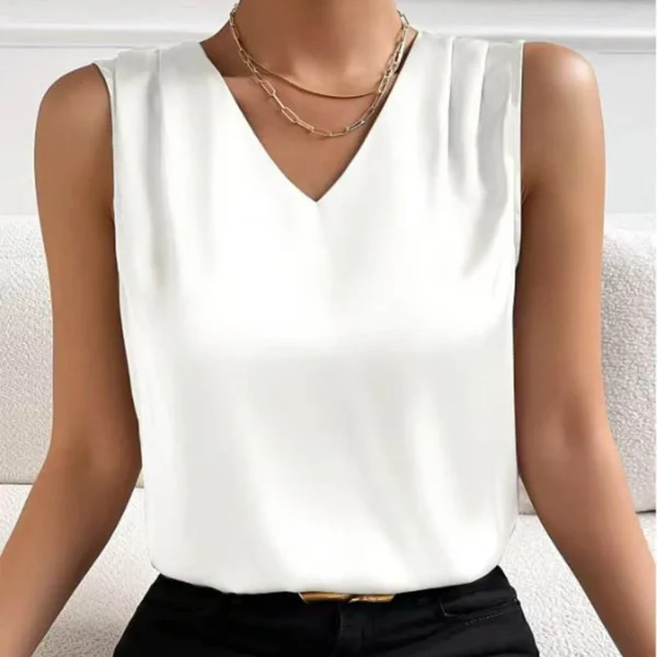 Coffee Tops For Women Summer V Neck Casual Soild Color Satin Sleeveless Basic Vest Shirt Fashionable Simple Apparel Shirts - Image 3