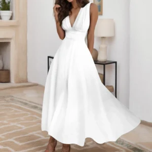Women'S Fashion Casual Dresses Spring And Summer Solid Color Sleeveless V Neck Side Zipper Style Long Dress Elegant Sundress