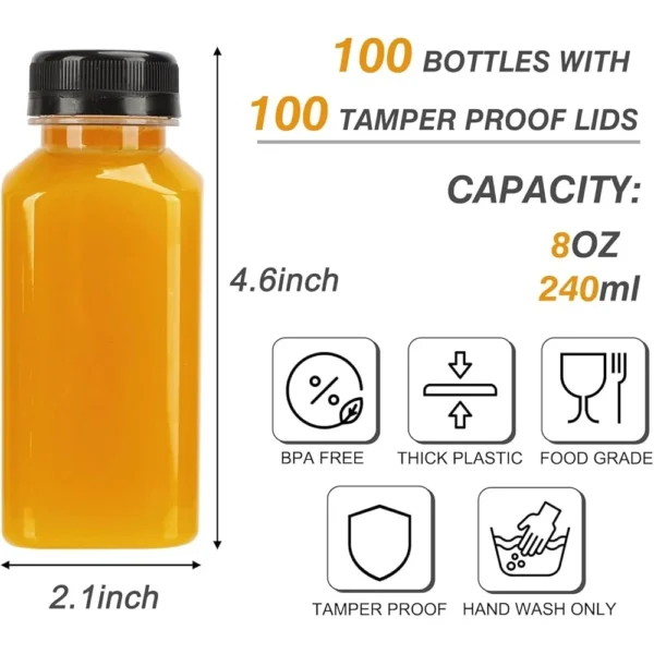 100pcs 8oz Clear Plastic Juice Bottles with Caps Cleaning Brush Funnel Tamper Evident Ideal Juicing Parties Beverages - Image 3