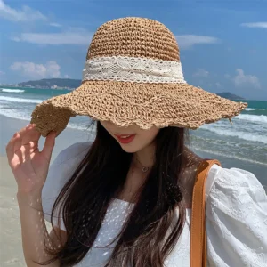 Elegant Floral Print Wide Brim Sun Hat with Bow Decoration Breathable Straw Beach Cap for Women s Summer Sun Protection