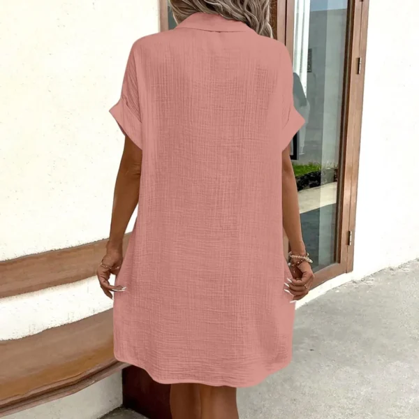 Women'S Fashion Summer Minimalist V-Neck Button Up Dress Woman Cotton Linen White Short Sleeved Pocket Casual Loose Shirt Dress - Image 2