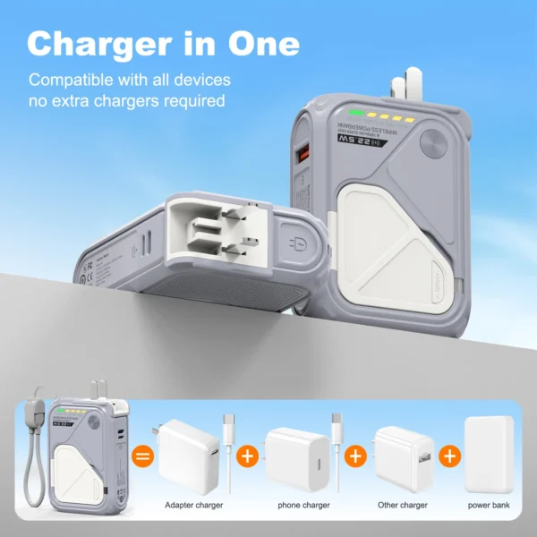 PD 22.5W Fast Charging 10000mAh Magnetic Wireless Power Bank USB Type-C Detachable Data Cable Phone Holder Emergency PowerBank - Image 2