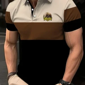 Men's Fashionable and Comfortable Buttoned Polo Shirt, Summer Golf Sports Knitted Fabric, Casual Style with Color Block Design,