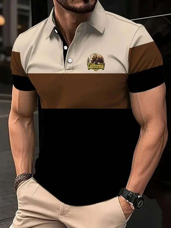 Men's Fashionable and Comfortable Buttoned Polo Shirt, Summer Golf Sports Knitted Fabric, Casual Style with Color Block Design,