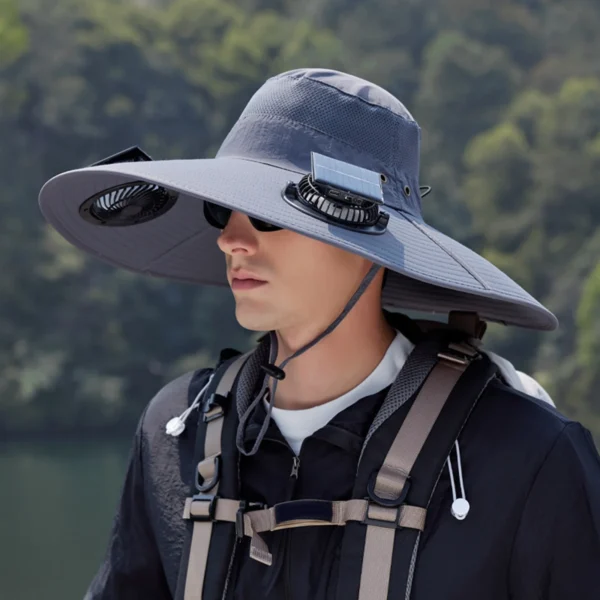 Outdoor Wide Brim Sun Hat With 2 Solar Fan Sun Bucket Hat For Men Women Upf 50+ Bucket Fishing & Beach Hat With Fan Hat Hat Blue - Image 2