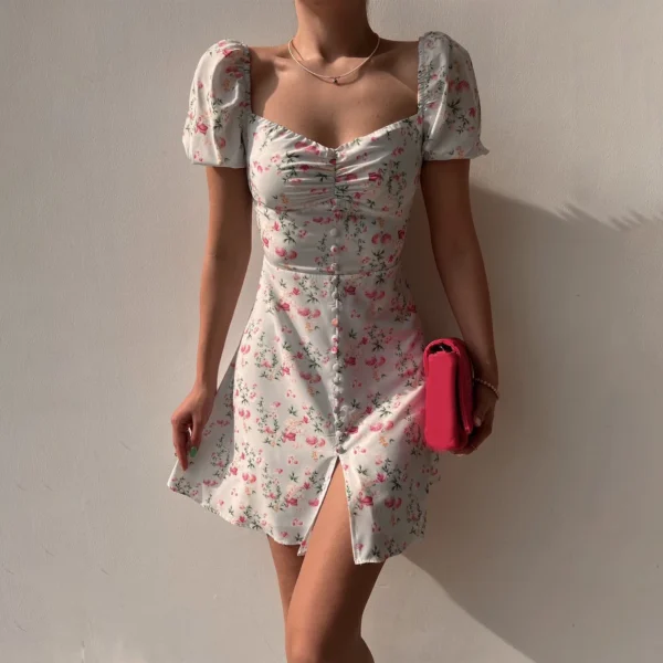 Female Dresses Women'S Skirt V Neck Fashionable Bubble Sleeve Floral Shorts Dress Party Dresses With Printing Vestidos Femenino - Image 3