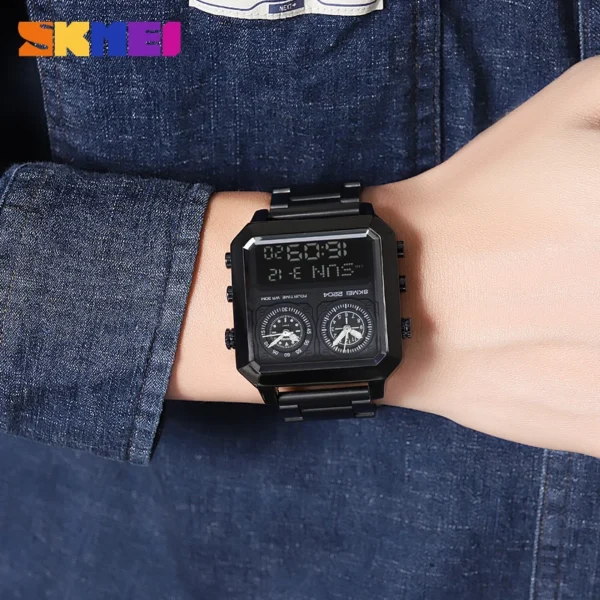 SKMEI Genuine Men's Electronic Watch Square Countdown Mary Gold Stainless Steel Strap 4 Time Timer Alarm Clock EL Luminous 2204 - Image 4