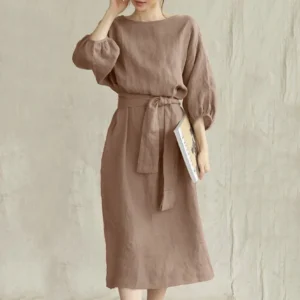 autumn Dress Women 2024 New Cotton Linen Solid Lace Up Casual Oversize O Neck Chic Long Sleeve Midi Dresses for Women with Belt