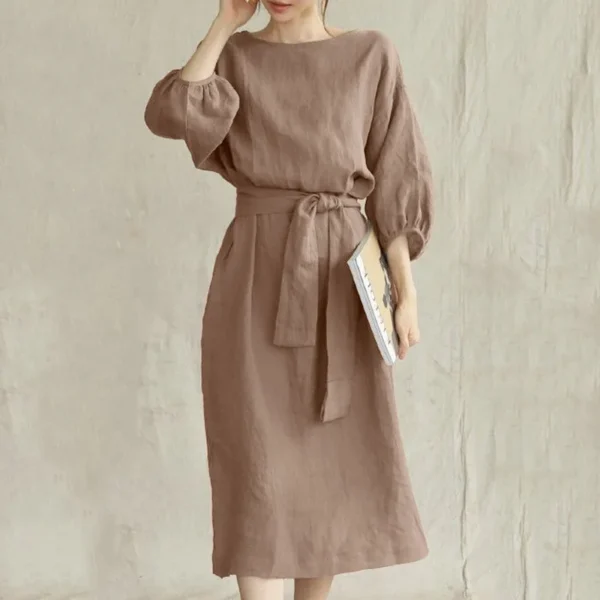 autumn Dress Women 2024 New Cotton Linen Solid Lace Up Casual Oversize O Neck Chic Long Sleeve Midi Dresses for Women with Belt