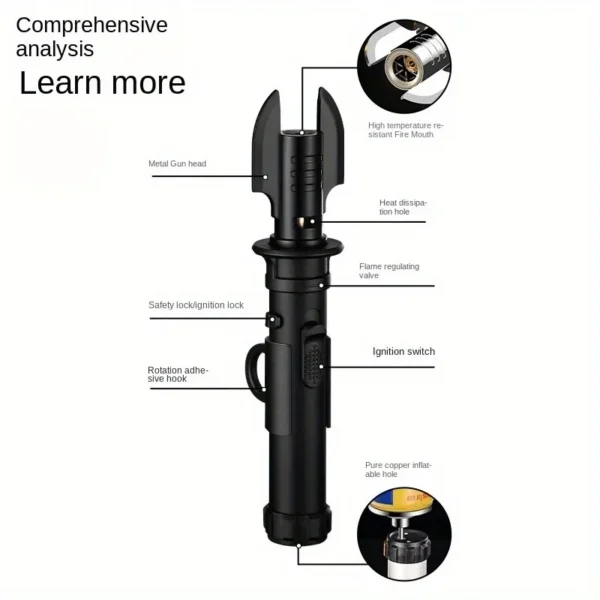 Windproof Gas Torch Lighter, Metal Butane Kitchen Lighter with Safety Lock, Adjustable Flame Refillable BBQ Candle Jet Lighters - Image 2