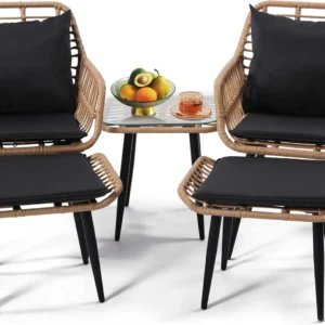5 Piece Wicker Bistro Patio Conversation Furniture Set, Includes 2 Chairs, 2 Ottomans, and Side Table, Ideal for Porch, Balcony,