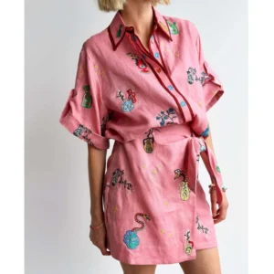 Linen Printing Shirt Pink Dress Temperament Versatile Multi Style Summer Women's Clothing Comfort Two Piece Set Mid Length Skirt