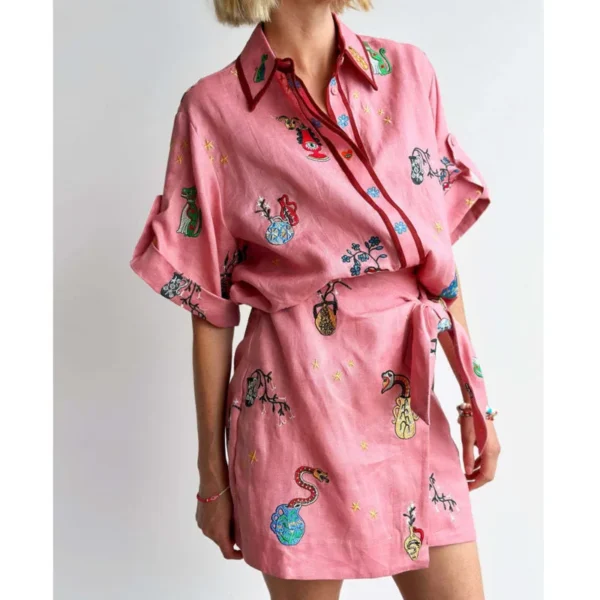 Linen Printing Shirt Pink Dress Temperament Versatile Multi Style Summer Women's Clothing Comfort Two Piece Set Mid Length Skirt