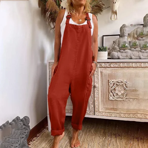 Women Cotton Linen Pocket Jumpsuits Summer Female Sleeveless Wide Leg Loose Overalls JYFS-3255 - Image 4