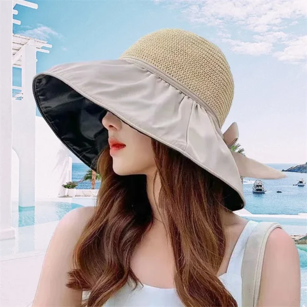 Women s Wide Brim Sun Hat with Bowknot Ribbon Lightweight Foldable UV Protection Bucket Hat for Outdoor Activities - Image 3