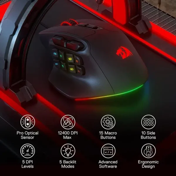 Redragon M811 Aatrox MMO Gaming Mouse, 15 Programmable Buttons Wired RGB Gamer Mouse w/ Ergonomic Natural Grip Build - Image 5