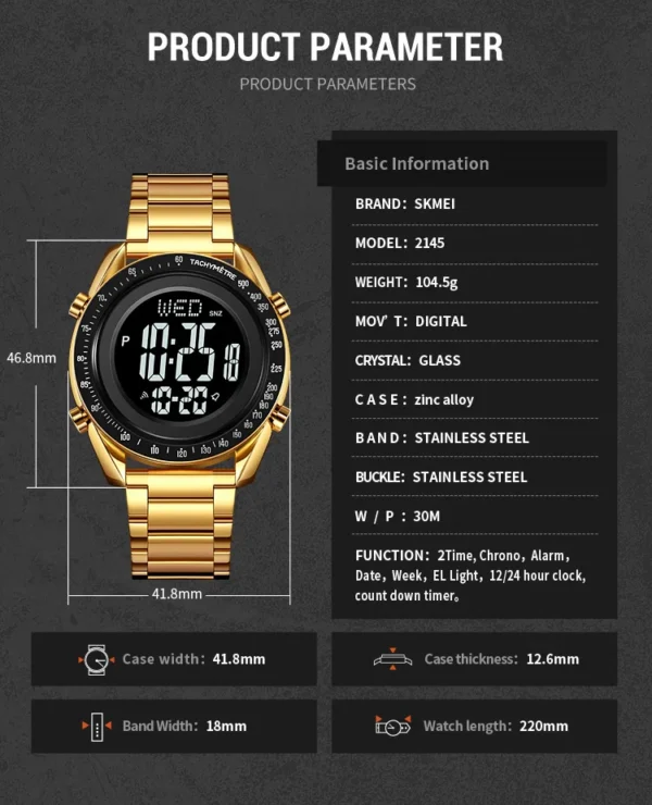 SKMEI Fashion Men's Digital Watch Male Waterproof Watches For Men Luxury Stainless Steel Strap Calendar Electronic Wristwatch - Image 6