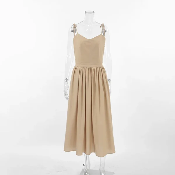 DSMTRC Women 2024 Elegant Lace-Up Pockets A-Line Dresses Summer Sexy Backless Party Pleated Dress Fashion Brown Linen Long Dress - Image 7