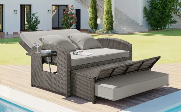 TOPMAX PE Wicker Rattan Double Chaise Lounge, 2-Person Reclining Daybed with Adjustable Back and Cushions, Free Furniture Protec